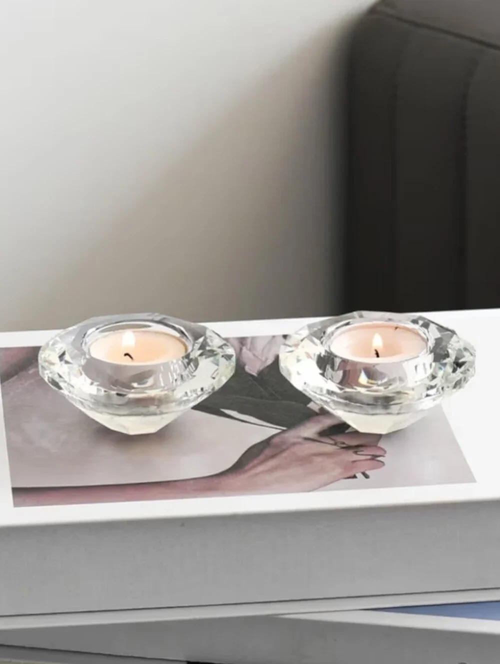 Marvala NWT 2pc Set Crystal Tealight Candles Holders Diamond Shaped